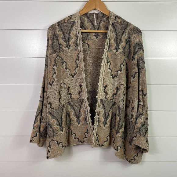 Free People Open Front Boho Cardigan Sweater Tan Black sz M - Picture 1 of 6